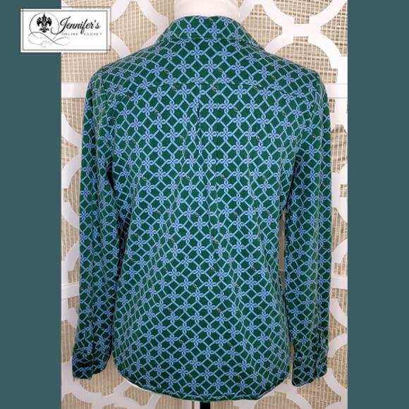 Talbots Green with Blue Belt and Buckle Print Long Sleeve Top Size M - Picture 7 of 11